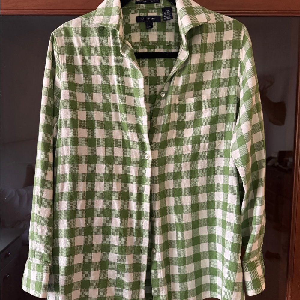 Lands' End | Women’s Green and White Checkered Flannel Shirt | Size S